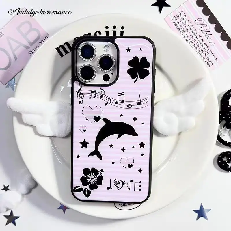 Korean ins Pink Polka Dot Star Girl Heart Music Note Phone Case For iPhone 17 16 15 14 13 12 11 Pro XR Max Plus Lucky Y2K Cover