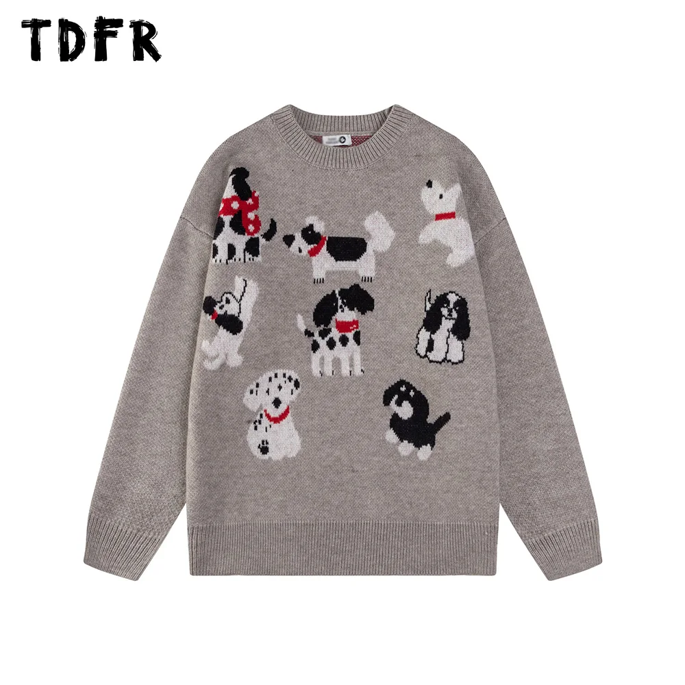 Puppy Jacquard Sweater Mens Retro Autumn Winter Crew Neck Loose Long Sleeve Knitted Pullover Men