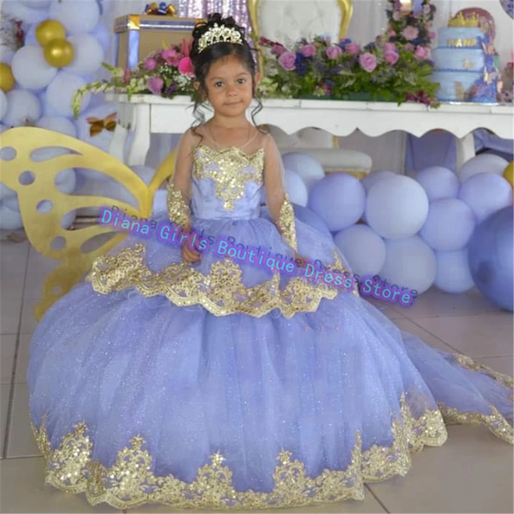 Colore personalizzato splendido vestito da ragazza di fiori Tulle abiti da sposa soffici stampa in oro abiti da sera per feste di compleanno per bambine