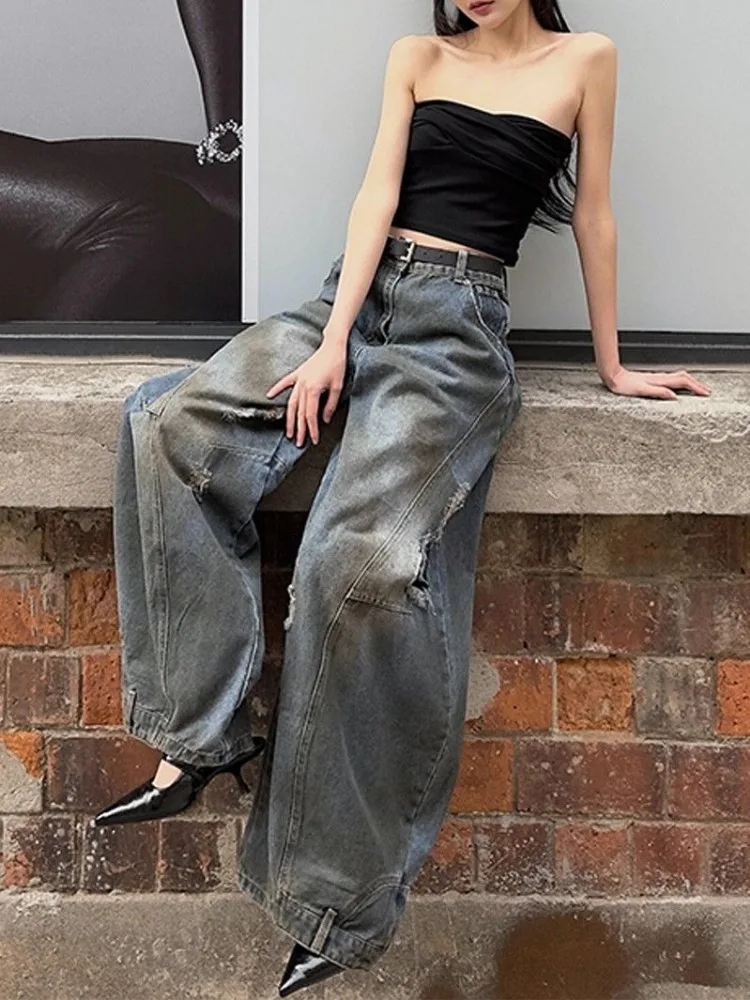 HOUZHOU Y2k Jeans donna larghi Vintage Oversize Trashy 2000s pantaloni Denim stile coreano Grunge Harajuku Streetwear pantaloni gotici