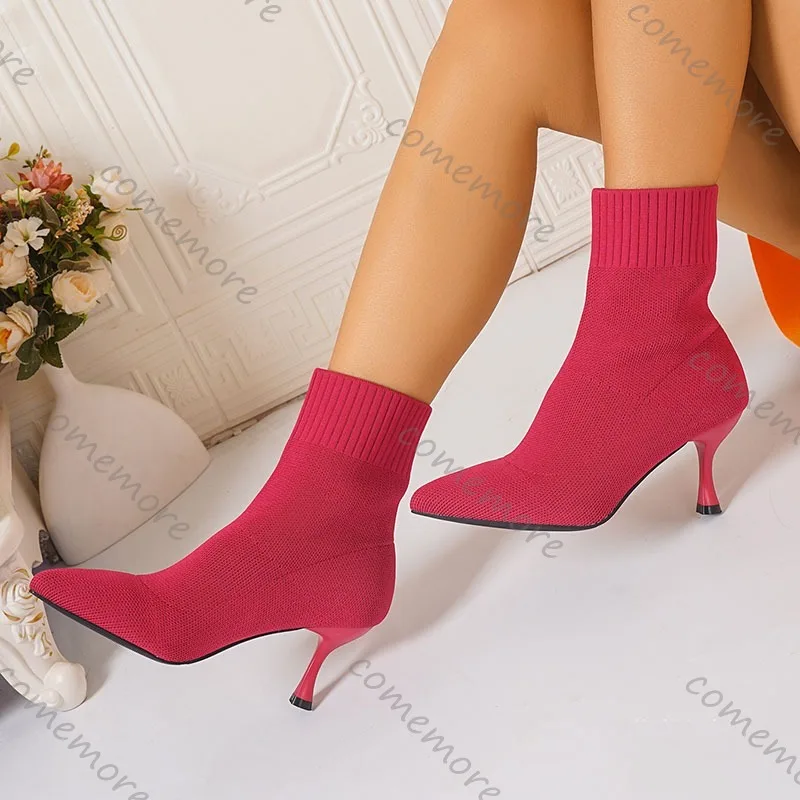 Comemore Women Elastic Sock Boots Autumn Winter Stiletto High Heels Knitted Ankle Boots Woman Slip-On Pointed Toe Heeled Botines
