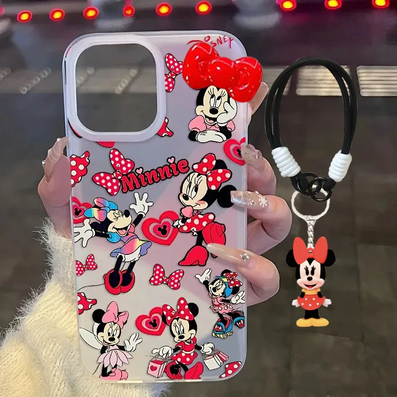 Full Screen Mickey Minnie Mouse Strap Phone Case For iPhone 16 15 14 13 12 11 PRO MAX XS MAX XR 7 8 Plus MINI Y2K Matte Cover