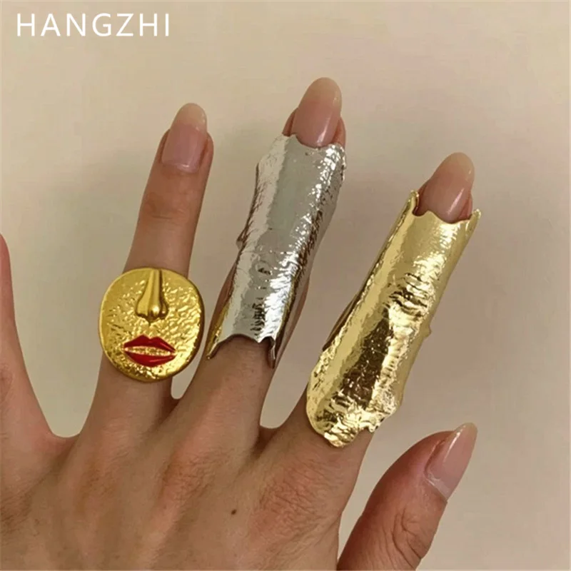HangZhi Hip Hop Mecha Metal Irregular Joint Ring Exaggerated Wide Wrinkled Rings Punk Party Jewelry for Women Men