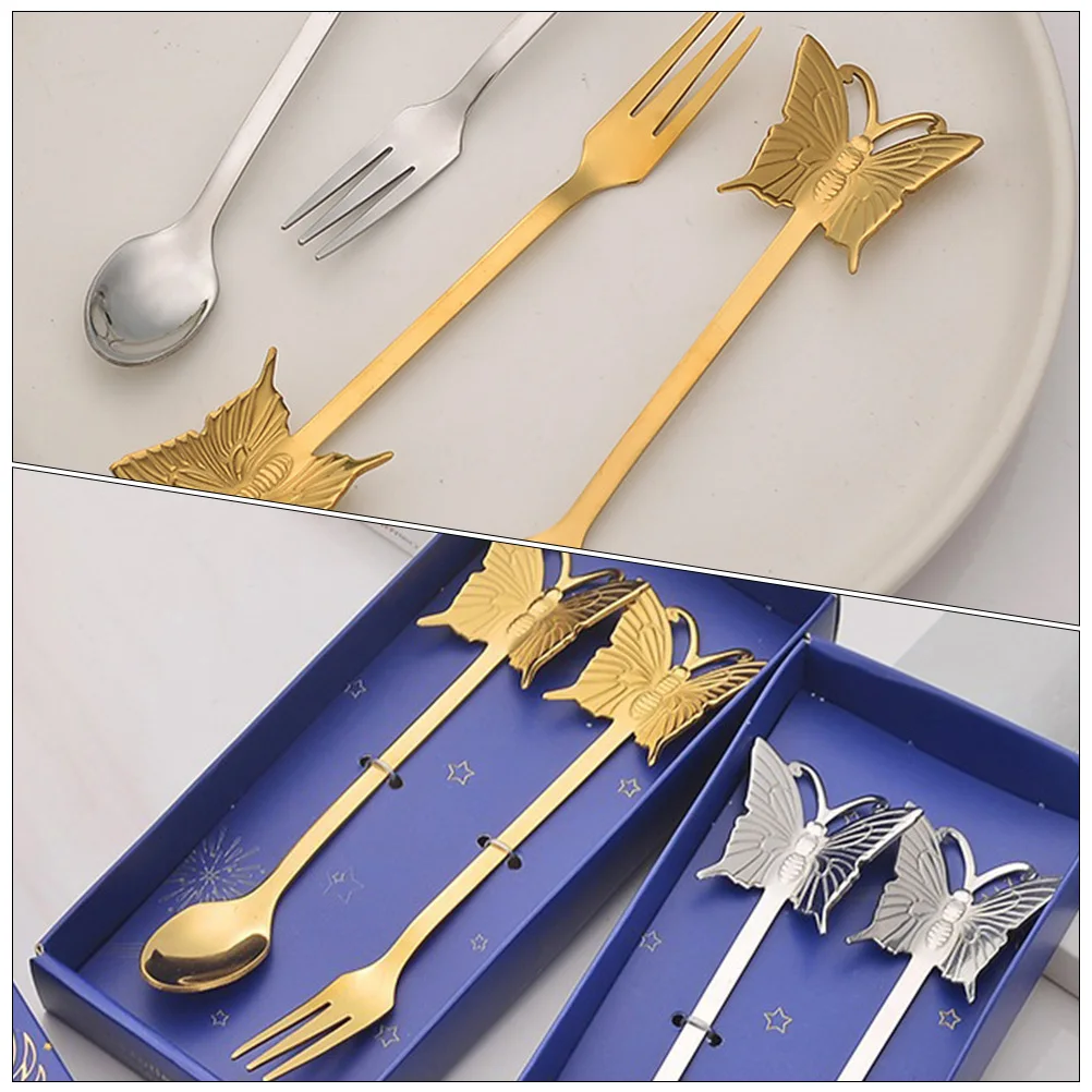 

1Set Coffee Spoon Fork Kit Stainless Steel Butterfly Pattern Rustproof Dessert Tasting Tableware Party