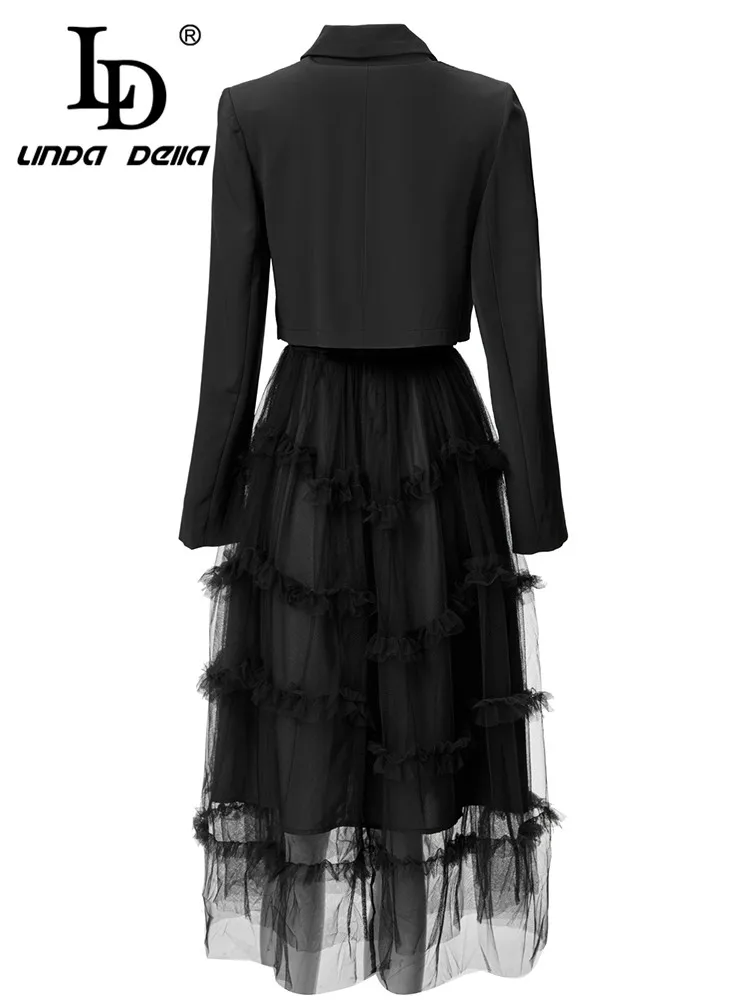 LD LINDA DELLA Fashion Designer Autumn and winter Set Women\'s Black Long Sleeve Button Top+Suspender Ruffle Lace Skirts Sets