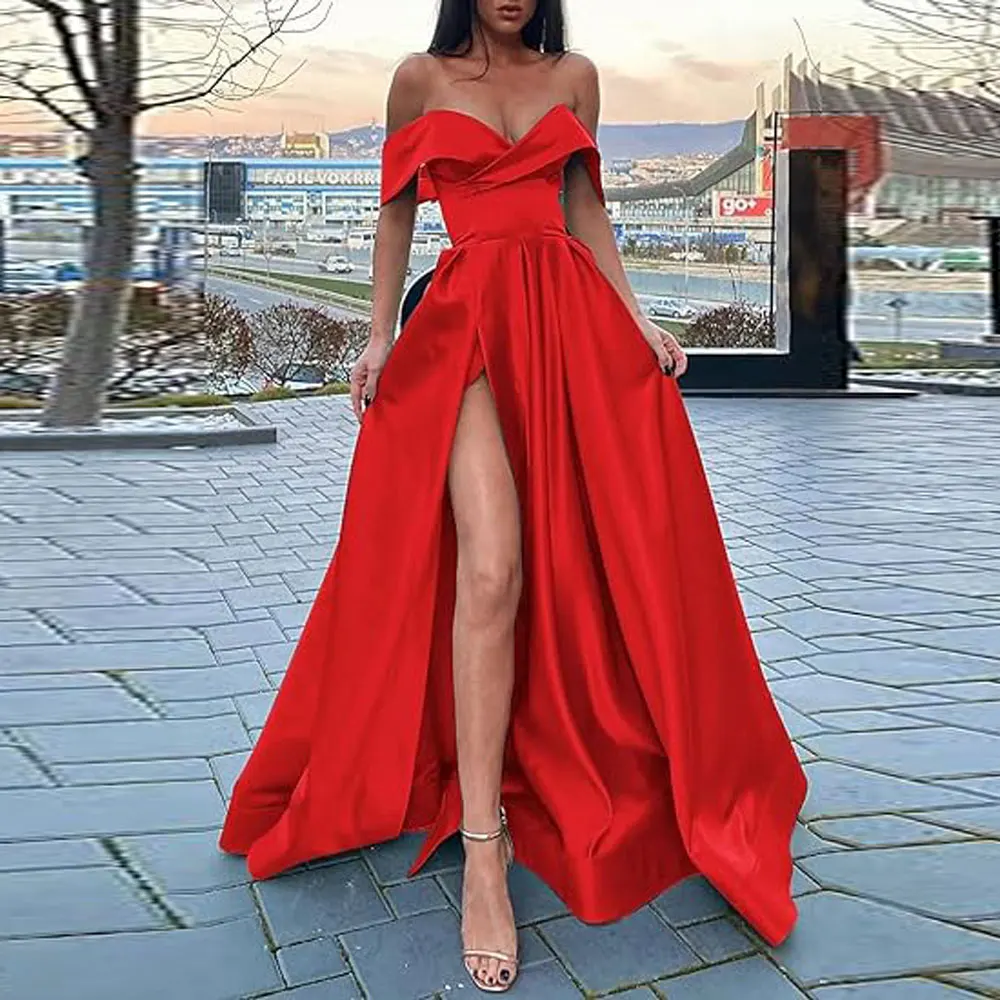 

Simple Satin Prom Dresses 2024 Off The Shoulder Evening Party Gown Woman Elegant Side Slit Long Dress Robe De Soirée