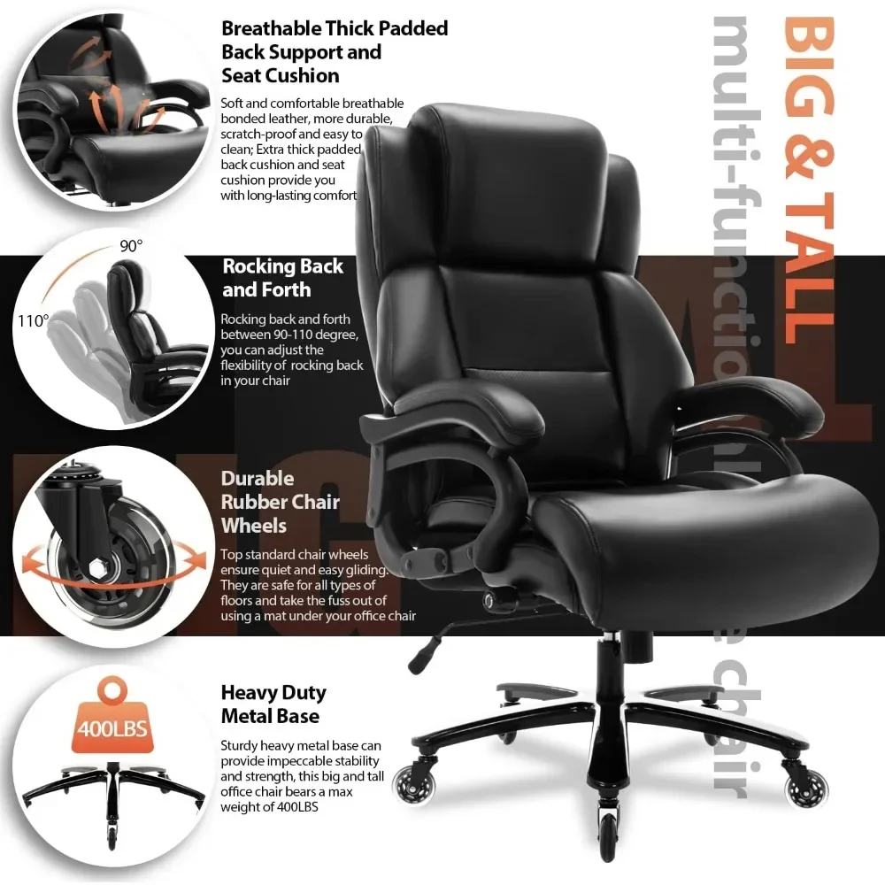 Big and Tall 400lbs Office Chair- Adjustable Lumbar Support Heavy Duty Metal Base Quiet Rubber Wheels High Back