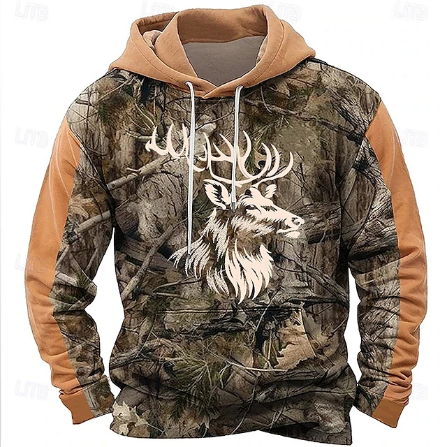 2026 Men's Hoodie thin Autumn Winter Outdoor Camo Splicing Deer Sketch Pattern Hooded Pullover Loose Fit Casual Fashion Tops