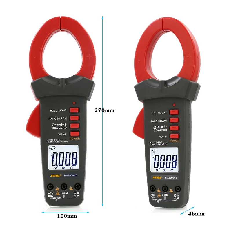 The SZBJ BM2000VB is a high-precision clamp multimeter that measures up to 2000V and 2000A for both AC and DC currents