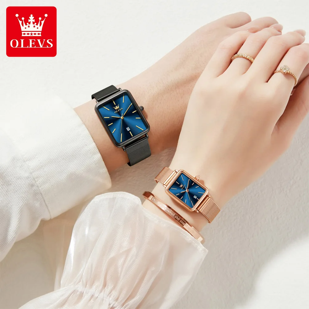 OLEVS 3692 Couple Watches Original Fashion Brand Waterproof Luminous Square Quartz Mesh Belt Date Watch Design For Daily