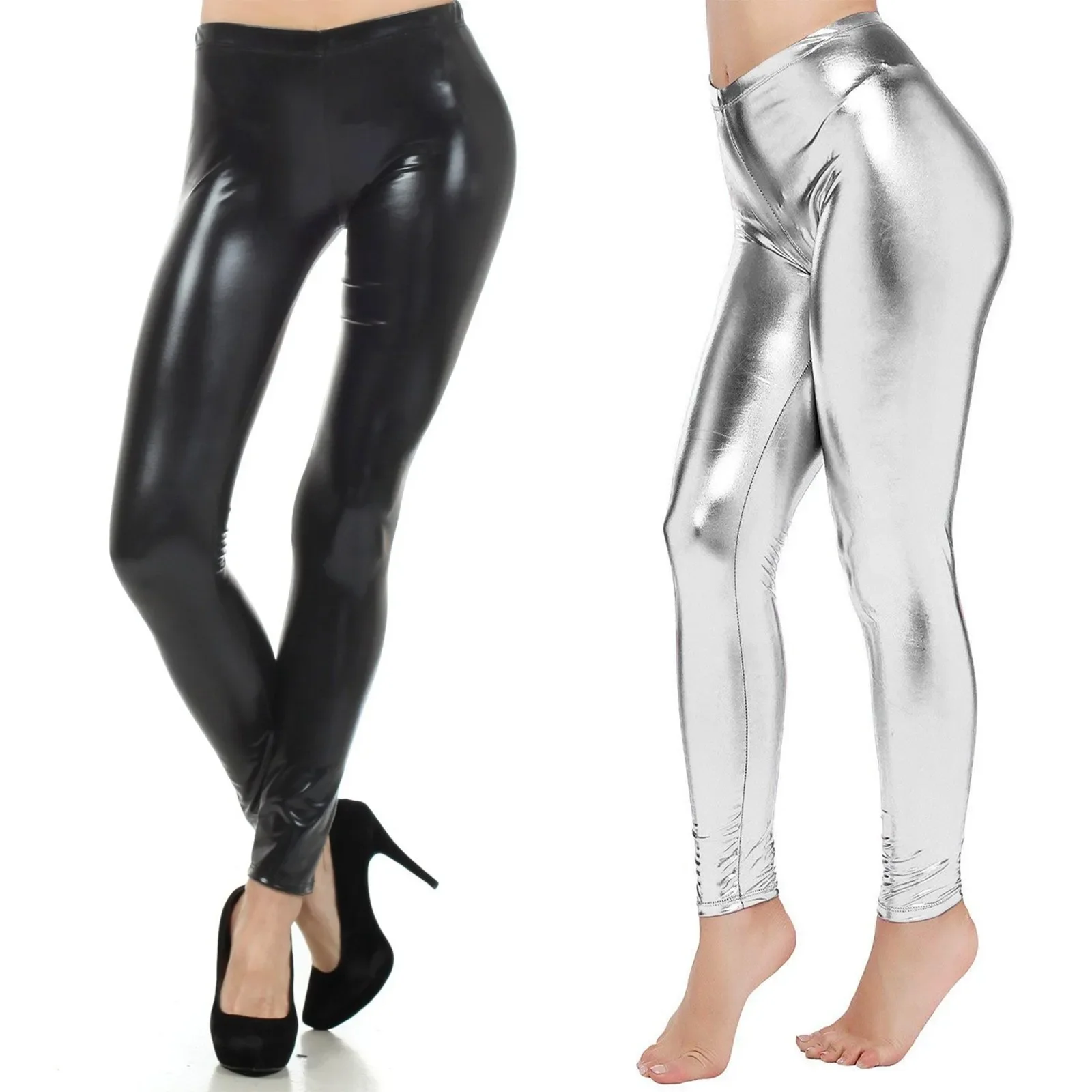 Leggings push-up taille haute en cuir PU pour femme, pantalon skinny élastique, aspect support brillant, latex métallique, longueur de rinçage, noir, astronomique