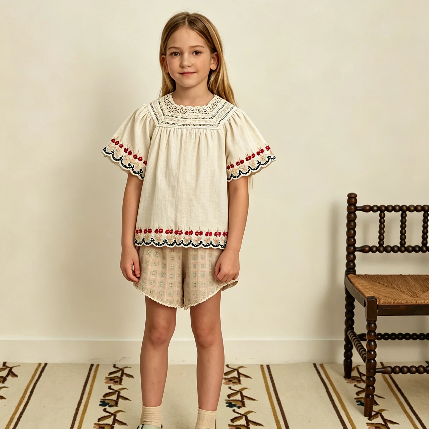 Korean Children’s Clothing 2026	Flying Short Sleeve Tops Hallow Cut Out Lace Neck Shirts for Teens Girls Vintage Country Clothes