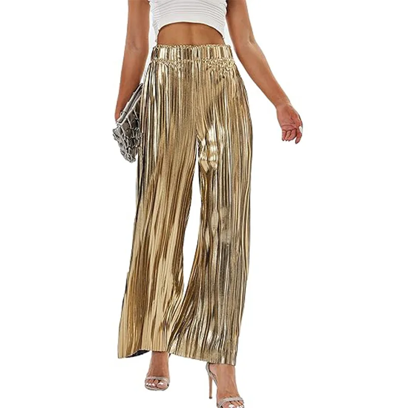 

Casual Women's Pants Elastic Waist Commuter Friendly Pleated Versatile Loose Drapey Straight Leg Trousers Office And Daily Wear