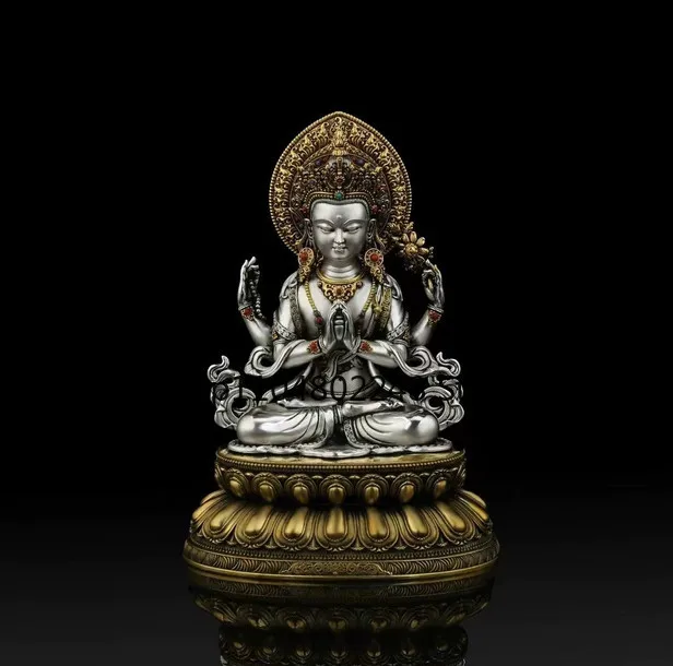 15CM Tibet Silver Plated 4 Arm Chenrizig Buddha Copper Statue