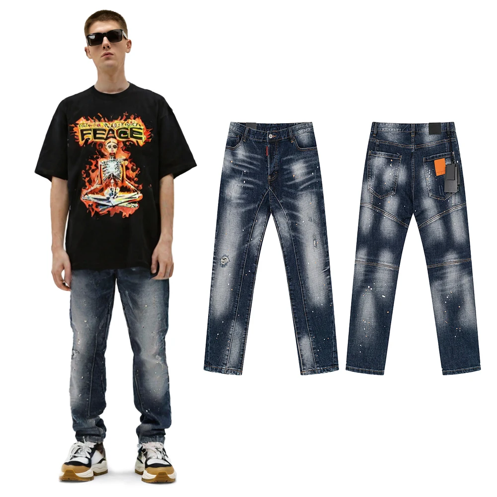 

Японские джинсы Y2K: облегающие, с эффектом потертости, с принтом, в стиле хип-хоп, уличный стиль, хлопковые, повседневные, ретро, винтажные, зауженные, мужские