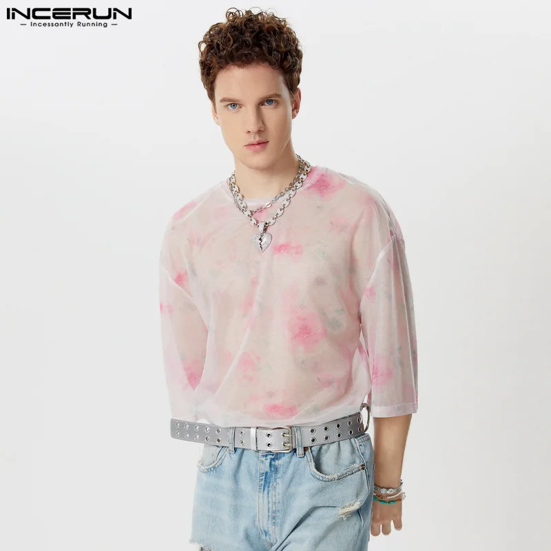 INCERUN Men T Shirt Tie Dye Mesh Transparent O-neck Half Sleeve Sexy Men Clothing Streetwear 2024 Summer Fashion Male Tee Tops