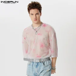 INCERUN Men T Shirt Tie Dye Mesh Transparent O-neck Half Sleeve Sexy Men Clothing Streetwear 2024 Summer Fashion Male Tee Tops