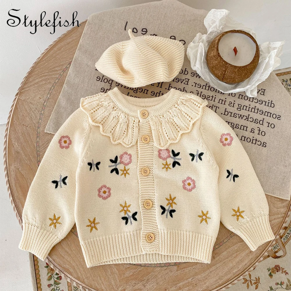 Baby knitwear embroidered flower coat girl baby sweater 100% cotton lace round neck spring baby cardigan