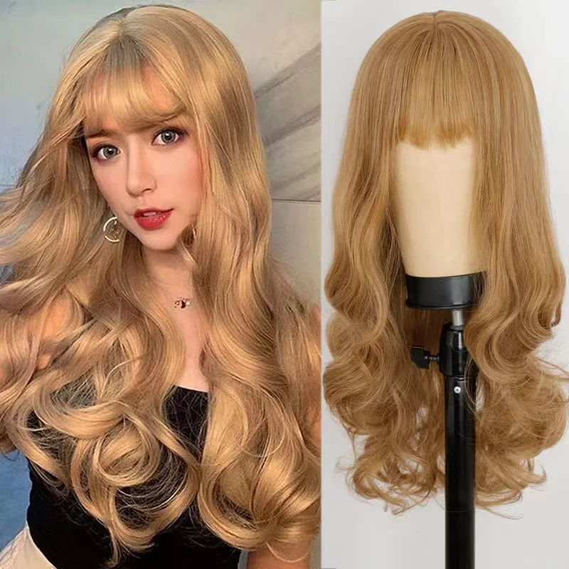 

European and American Style Wig for Women Long Hair Anime Bangs gold Long Curly Hair Big Waves Headband Style Long Length