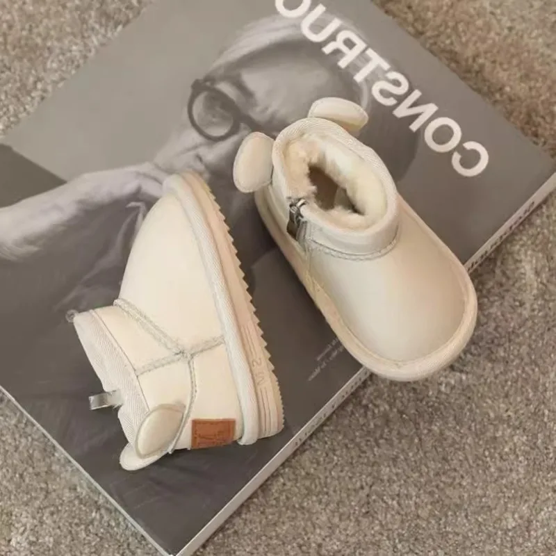 Baby Winter Soft-Soled Non-Slip PU Leather Snow Boots Girls Boys Fleece Warm Cotton Shoes Children  Ankle-Support High-Top Boots