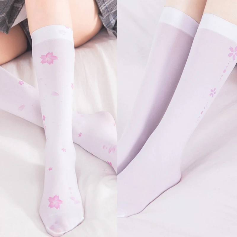 Women Anime Knee High Socks Japanese Cherry Blossom for Cat Paw Calf Stoc