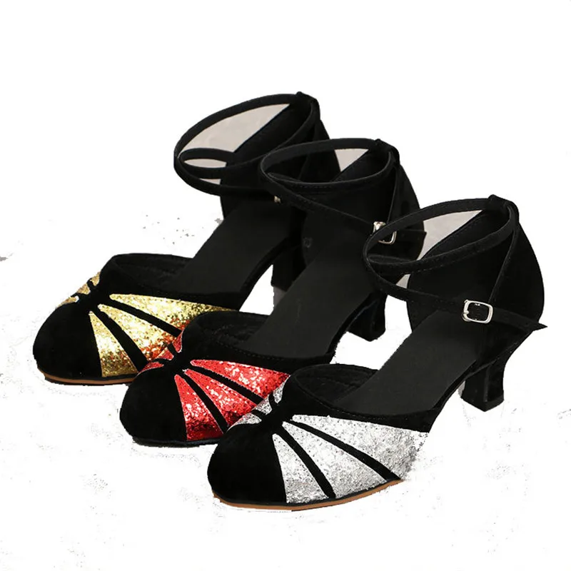 Zapatos de baile de salón con lentejuelas para mujer, calzado de tacón alto, negro, plateado, dorado, latino, Salsa, baile moderno, 3CM, 5CM, 7CM