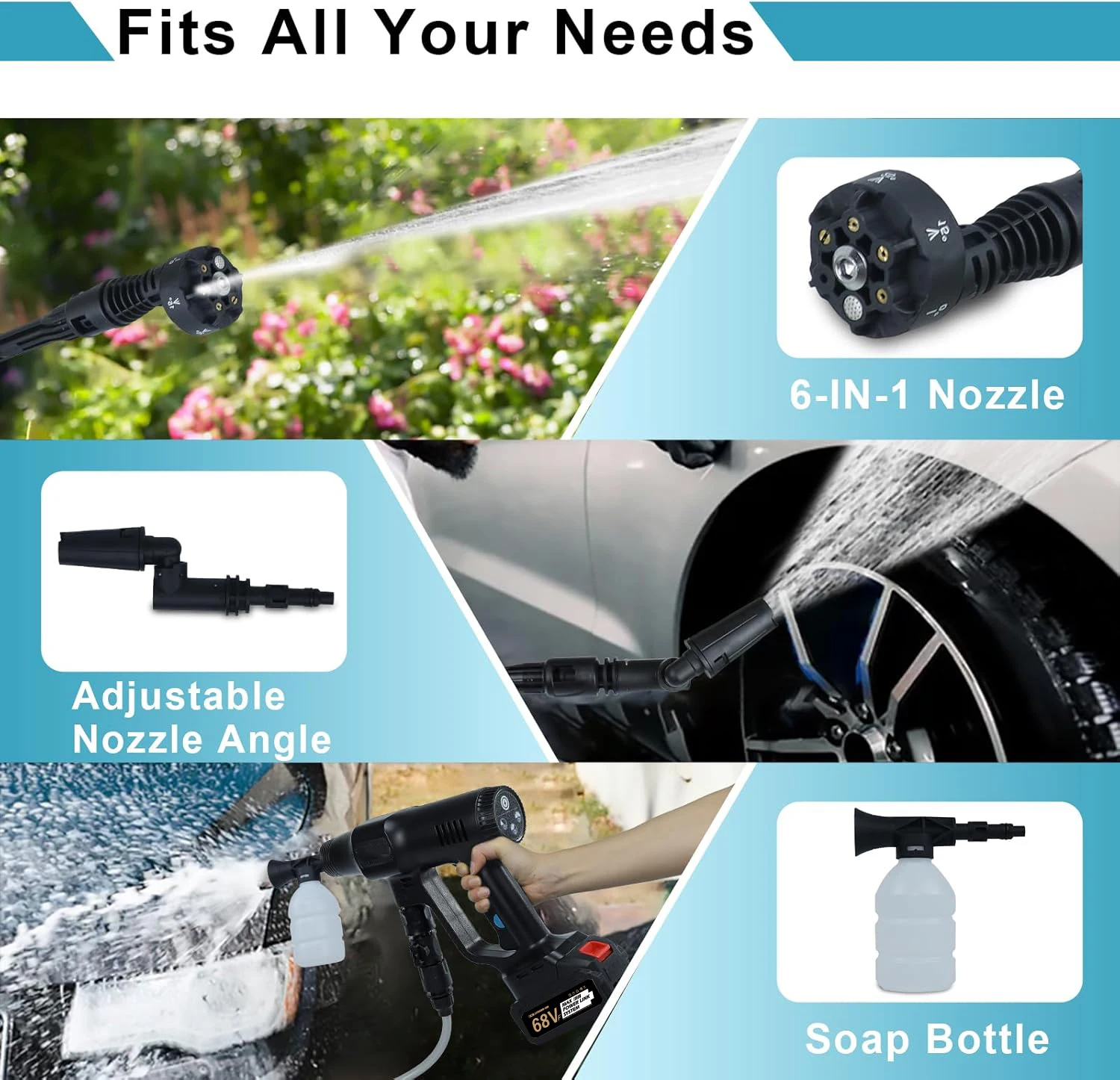 Cordless High Pressure Car Washer Without Battery Portable Handheld Power Cleaner with Multi Nozzlesfor Car Home Patio Cleaning