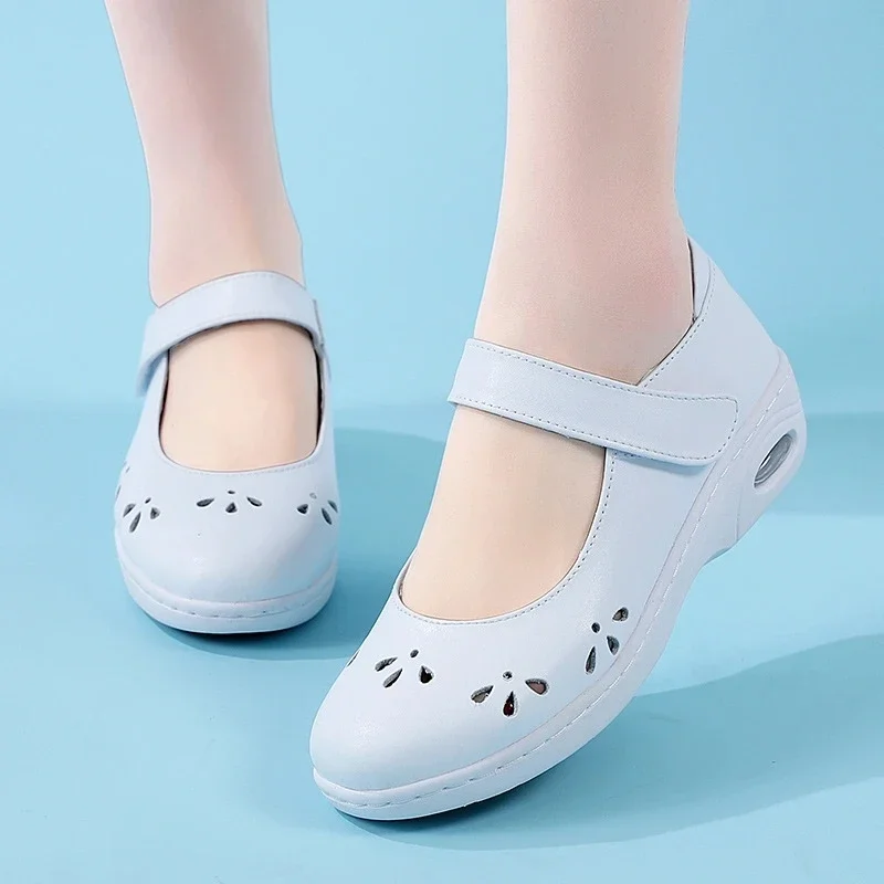 Comfortable Cow Leather Hospital Nurse Shoe Anti Slip Loafer White and black zapatos de mujer  flat shoes women