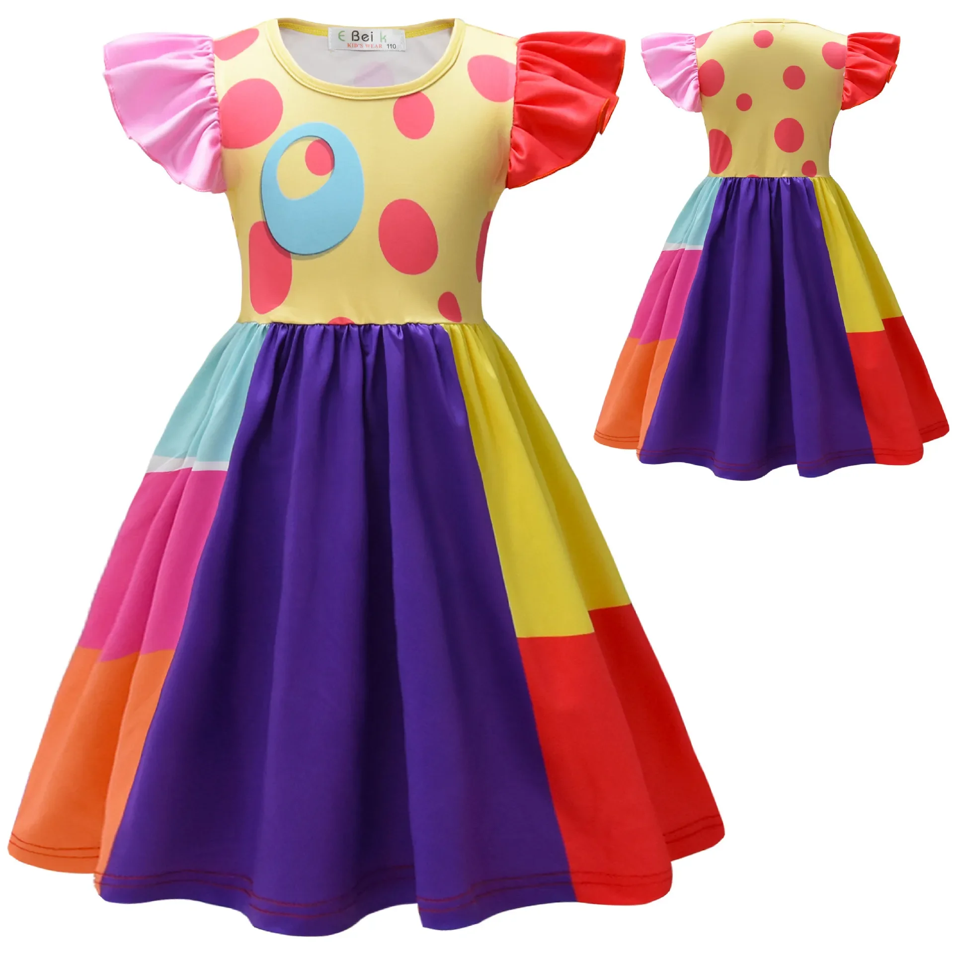 Kids Girls Anime Cartoon Ruffle Short Sleeves Circus Clown Zooble Princess Dress Outfit Role Play Halloween Cosplay Costume