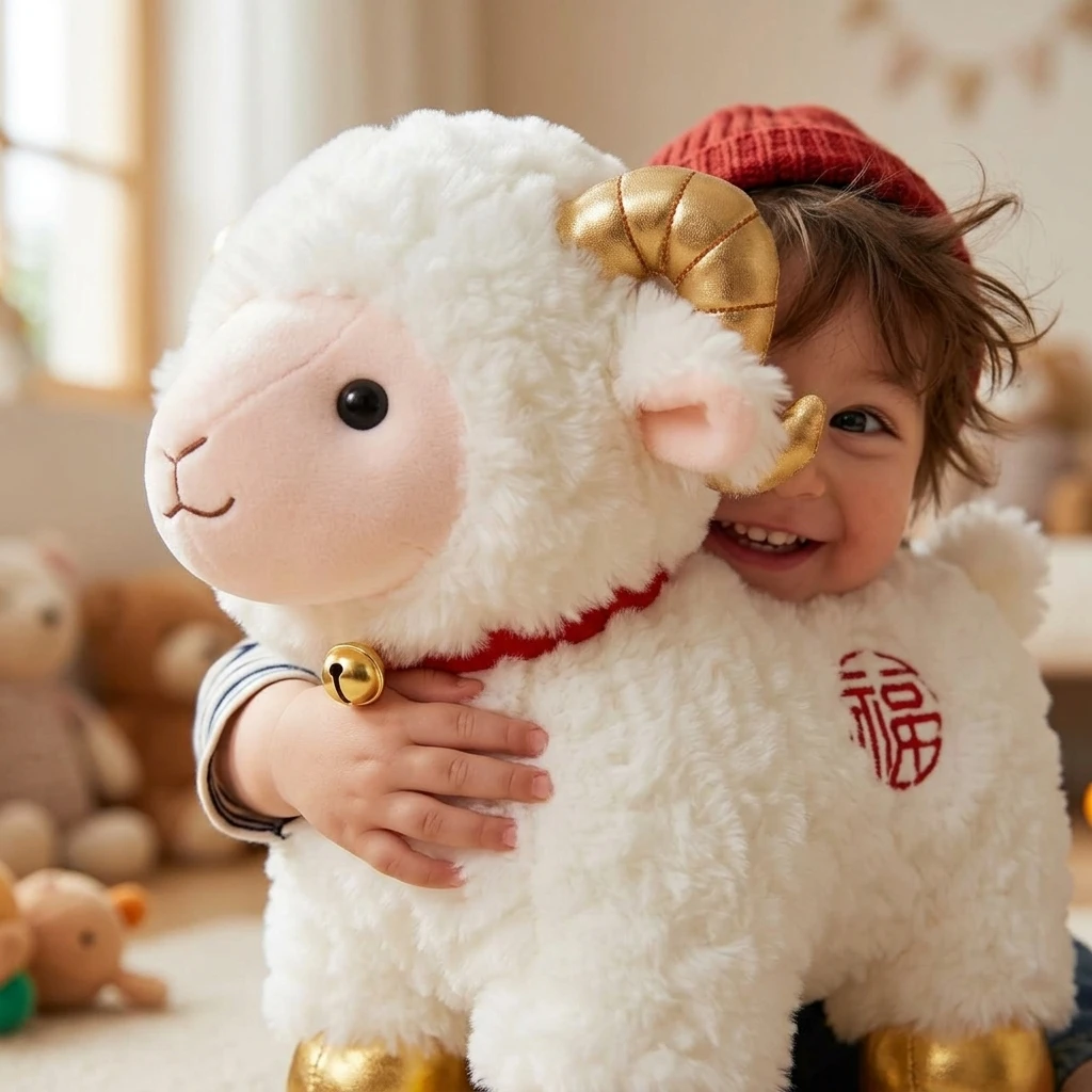 25cm Lucky Sheep Plush Toy Soft Stuffed Animal with Bell Mascot for Company Annual Party Corporate Gift Event Decoration