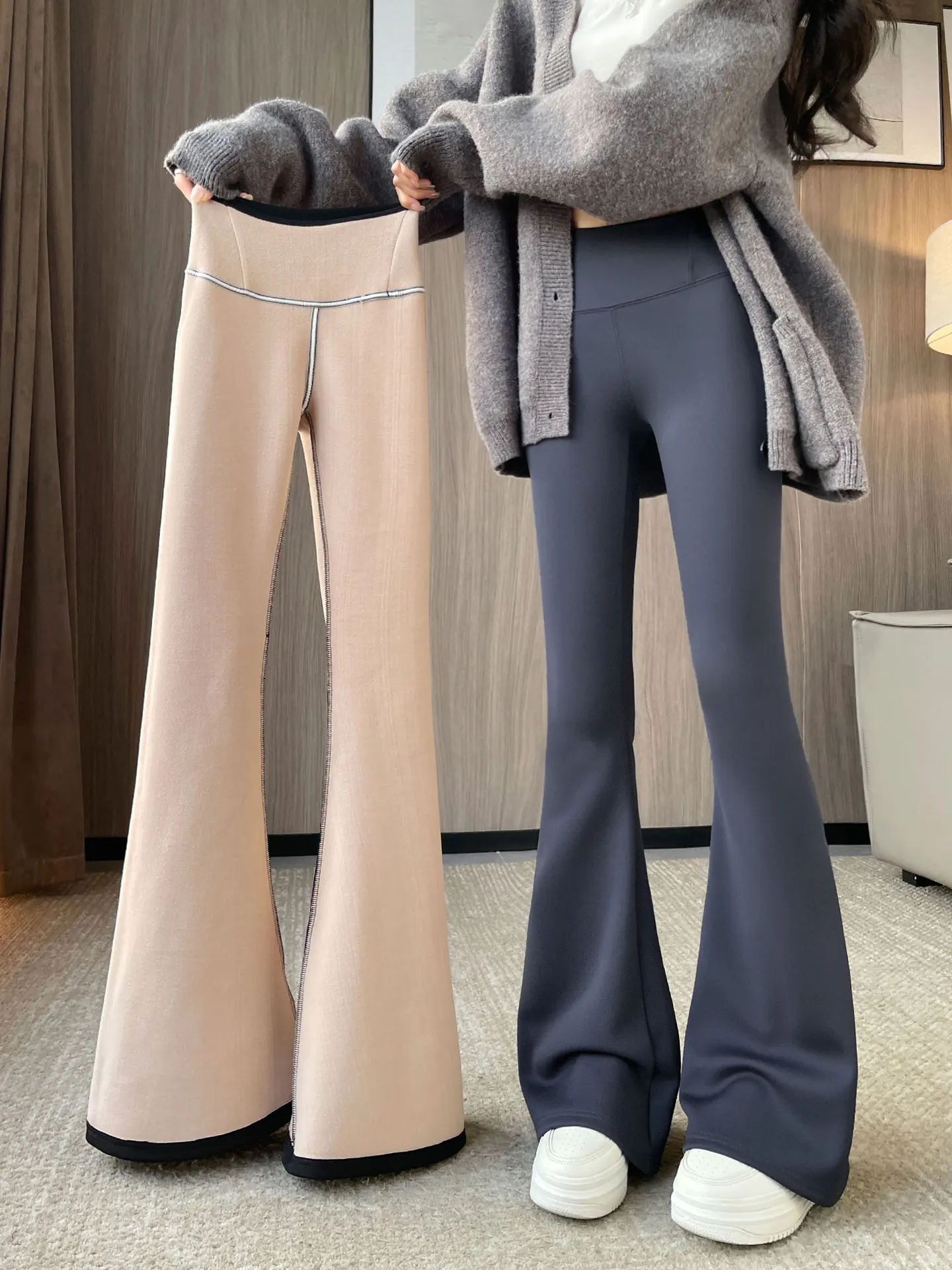 Thiened Fce Calças Esportivas Drapeadas de Cintura Alta das Mulheres Outono Inverno Novo Sle Casual Calças de Yoga Bell Bot Commute Sle