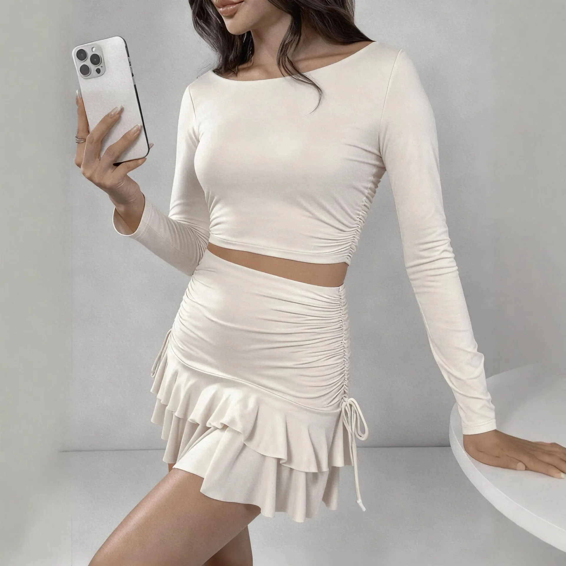 Women's Spring Autumn Slimming Ruched Long-Sleeve And Bodycon Mini Skirt Two-Piece Set