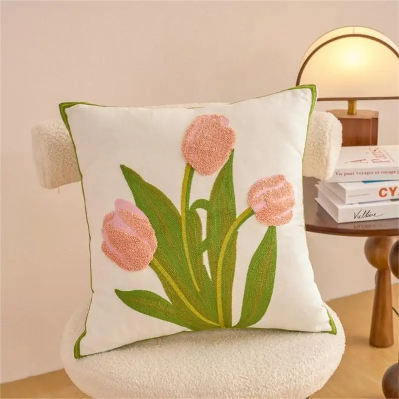Pillowcase Flower Embroidered Canvas Cotton Pillowcase Soft Breathable Cushion Cover For Sofa Bedroom Home Decoration X3UC
