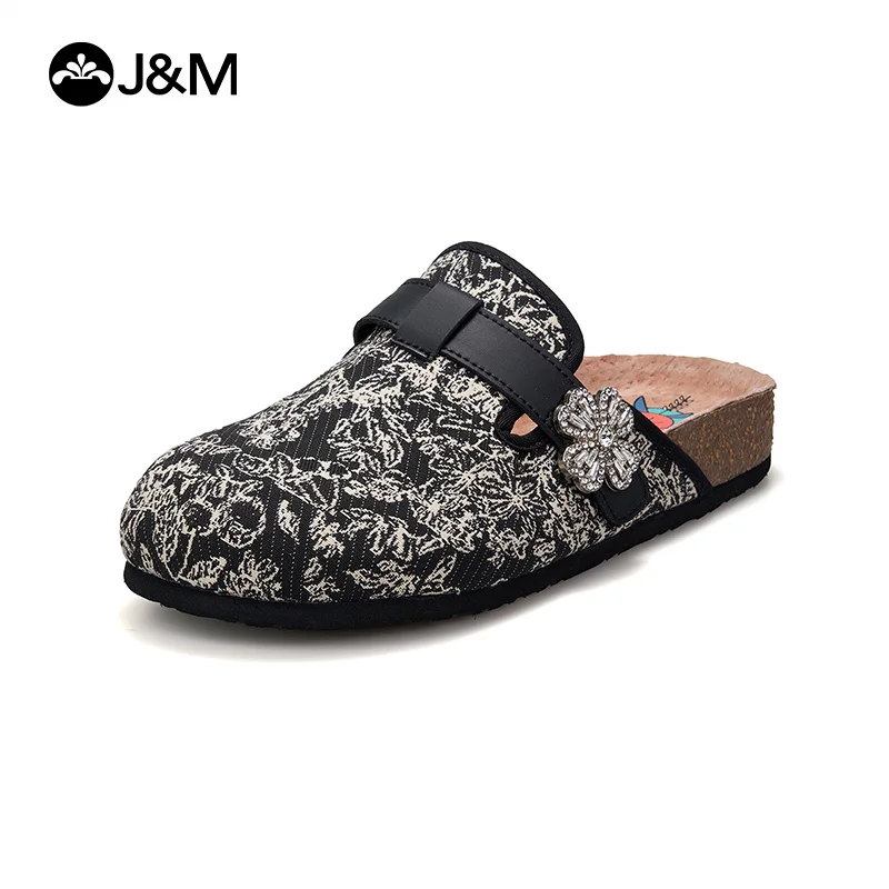 J&M Women Slides Fashion Flower Mules Slippers Clogs Cork Insole Sandals with Arch Support Outdoor Beach Slides Home Shoes