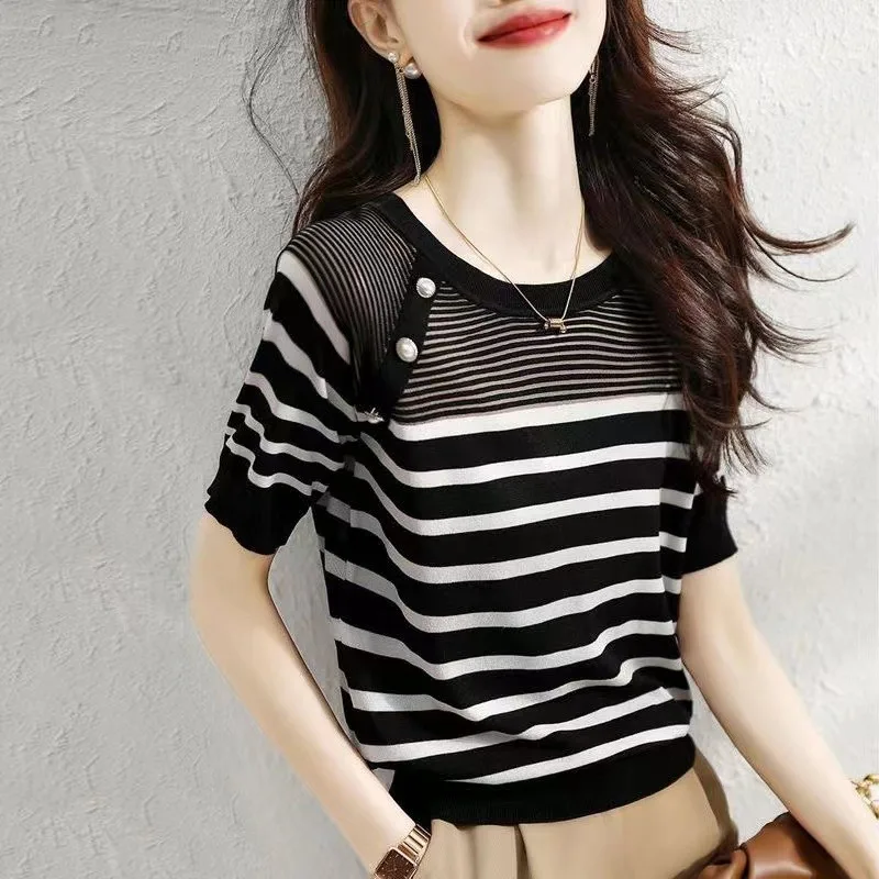 

Outlet Store Big Brand Tailored Stripe Knitwear Ice Silk ort Sve T-irt Women's Loose Fit Comfortable Summer Top