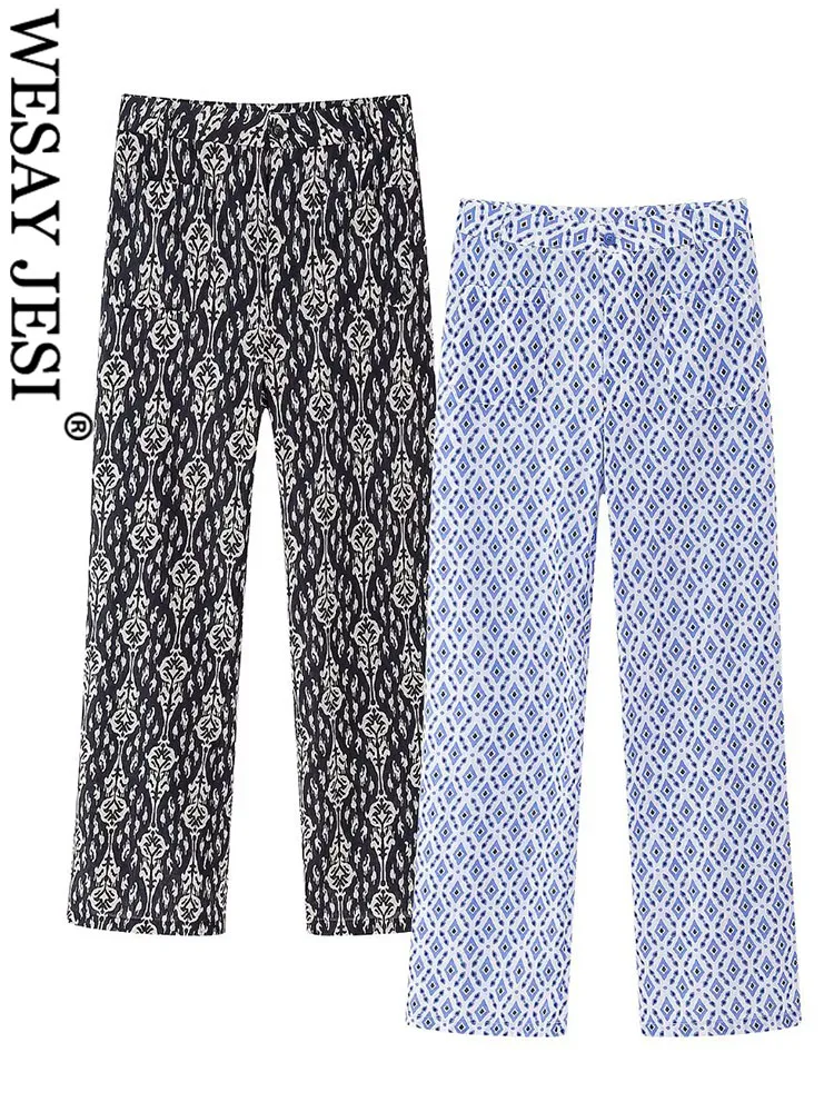 WESAY JESI TRAF Printed Women Straight Pants Casual Zipper Y2K High Waisted Pockets Full Length Lightweight Female Chic Trousers