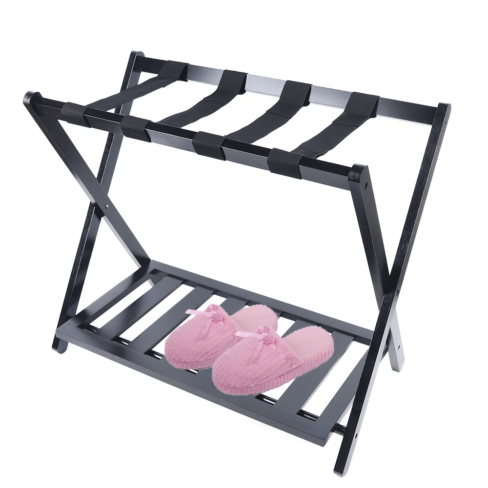 

2 Layer Folding Luggage Rack w/ Shelf , Suitcase Luggage Rackfor Guest Room, Black