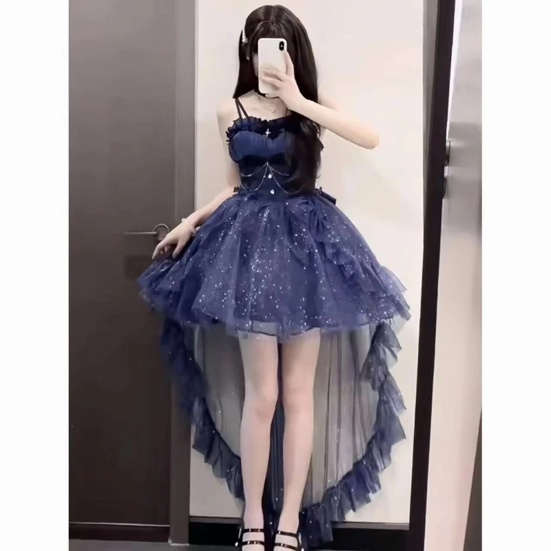 Women Kawaii Ruffles Bow Suspender Princess Dresses Retro Gothic Lolita Jsk Mini Dress Girl Sweet Fairy Party Trailing Dress