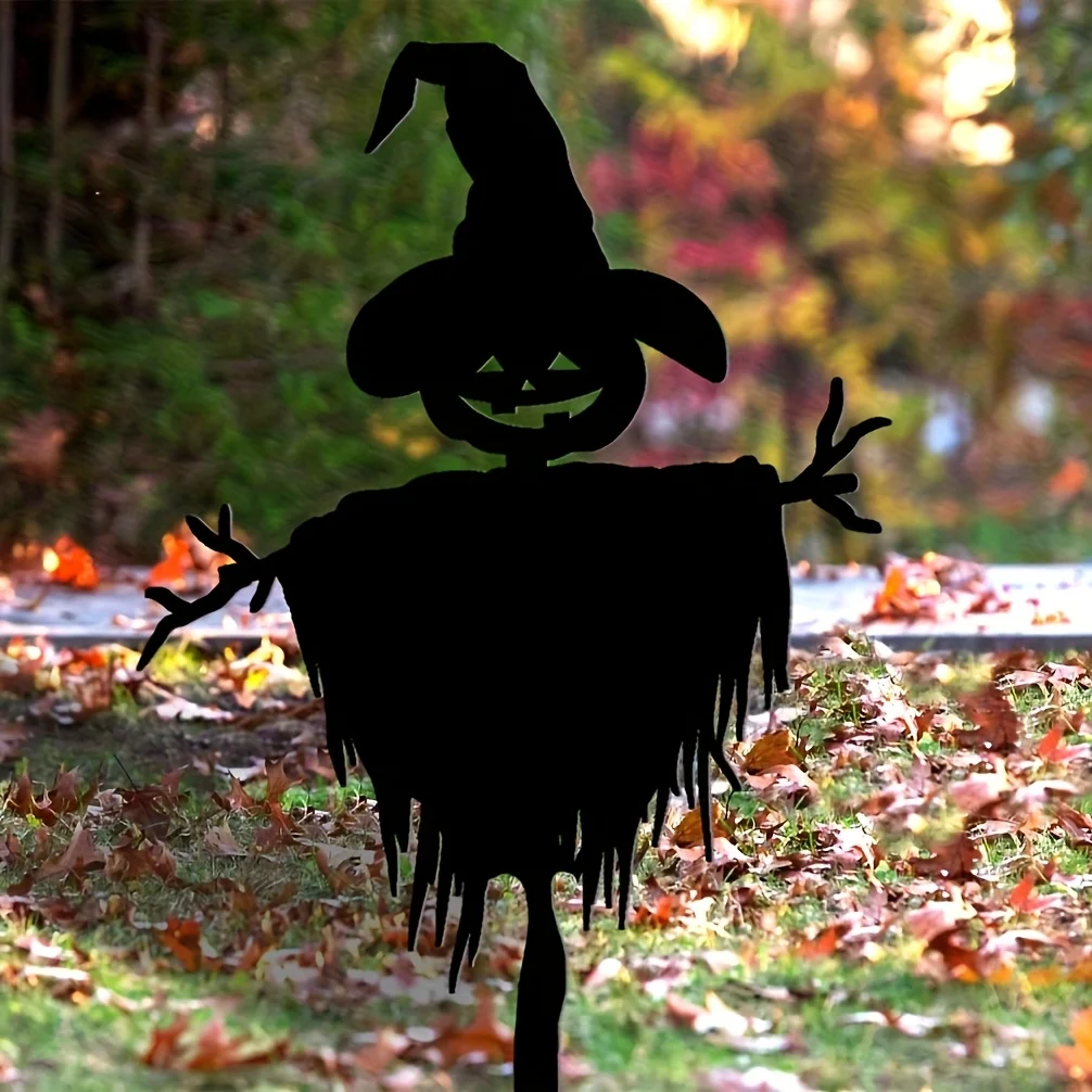 2D Rustic Black Iron Silhouette Ground Stakes with Witch 3pcs Halloween Metal Pumpkin Scarecrow Stake Decorations
