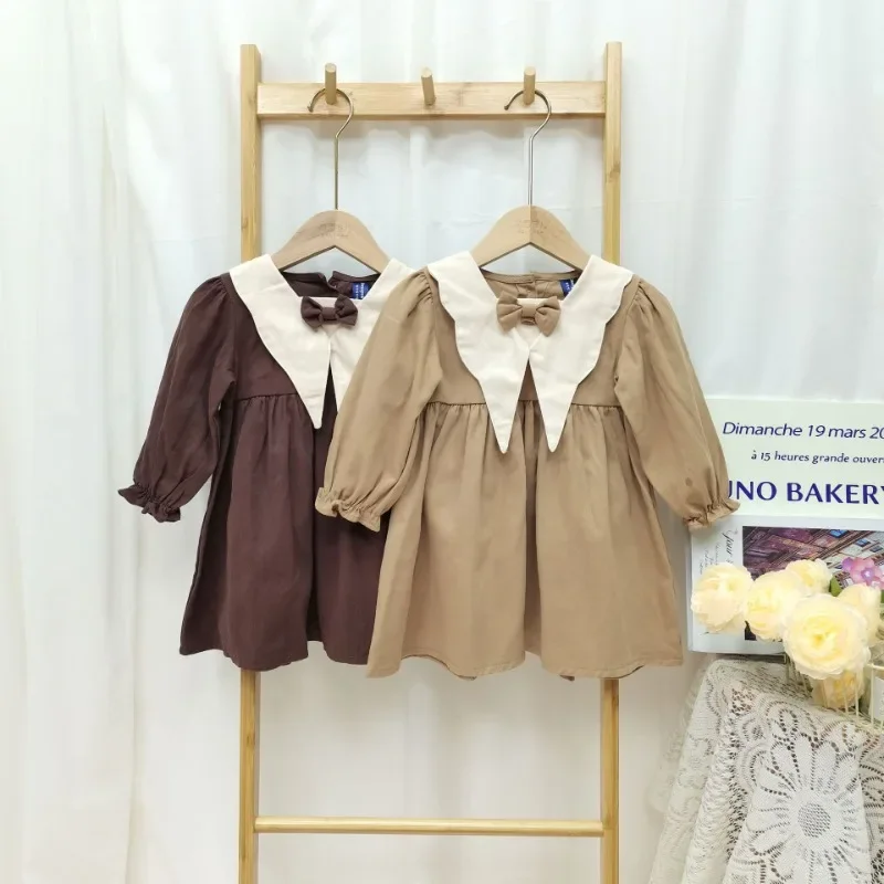 Autumn Baby Girl Dress Khaki Coffee Patchwork Dress Spring Turn-down Collar Retro Princess Dresses Infant Clothes Korean Style