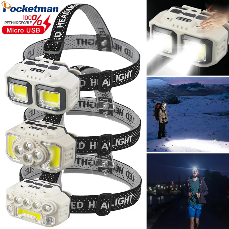 

LED Sensor Headlamp USB Rechargeable Head Flashlight Camping Fishing Headlight Waterproof Emergency Built-in Battery Work Light