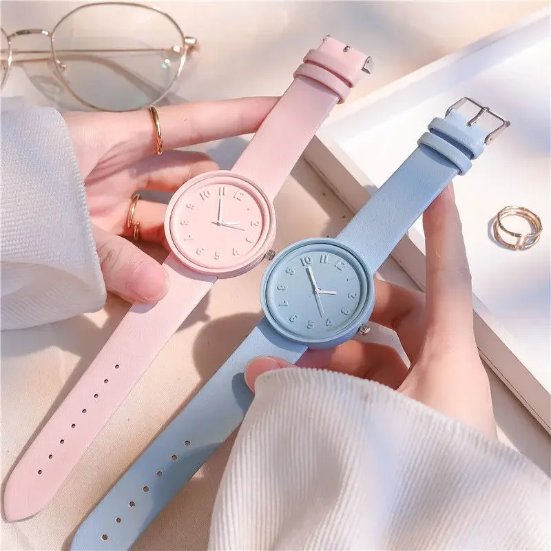 Simple Fashion Makaron Simple   Women Watch Ins High Beauty Student  Man And Women Style Round Leisure Vintage Quartz Wristwatch