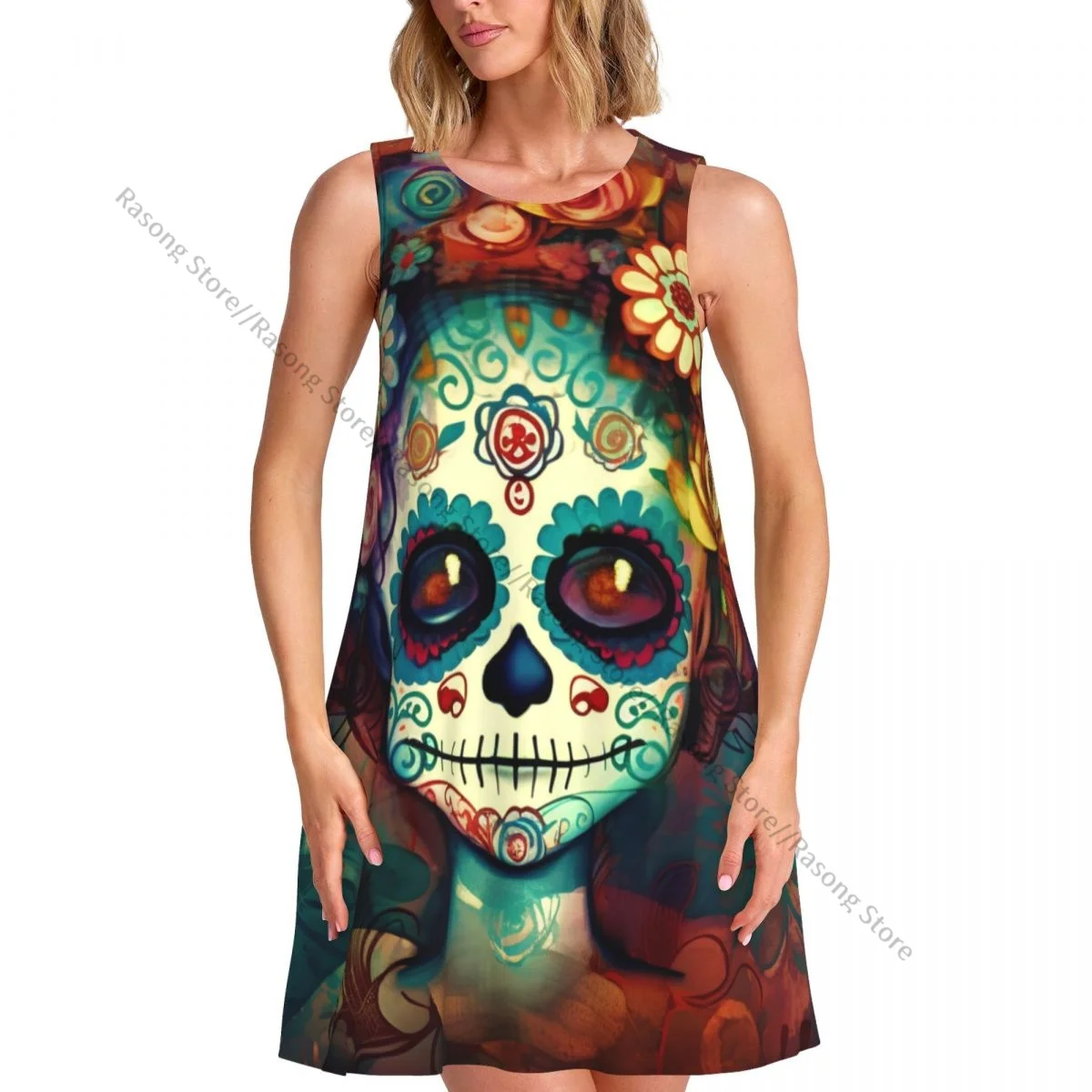 

Summer Vest Dress Women's Day Of The Dead Sugar Skull With Colorful Flowers Sleeveless Female Dresses