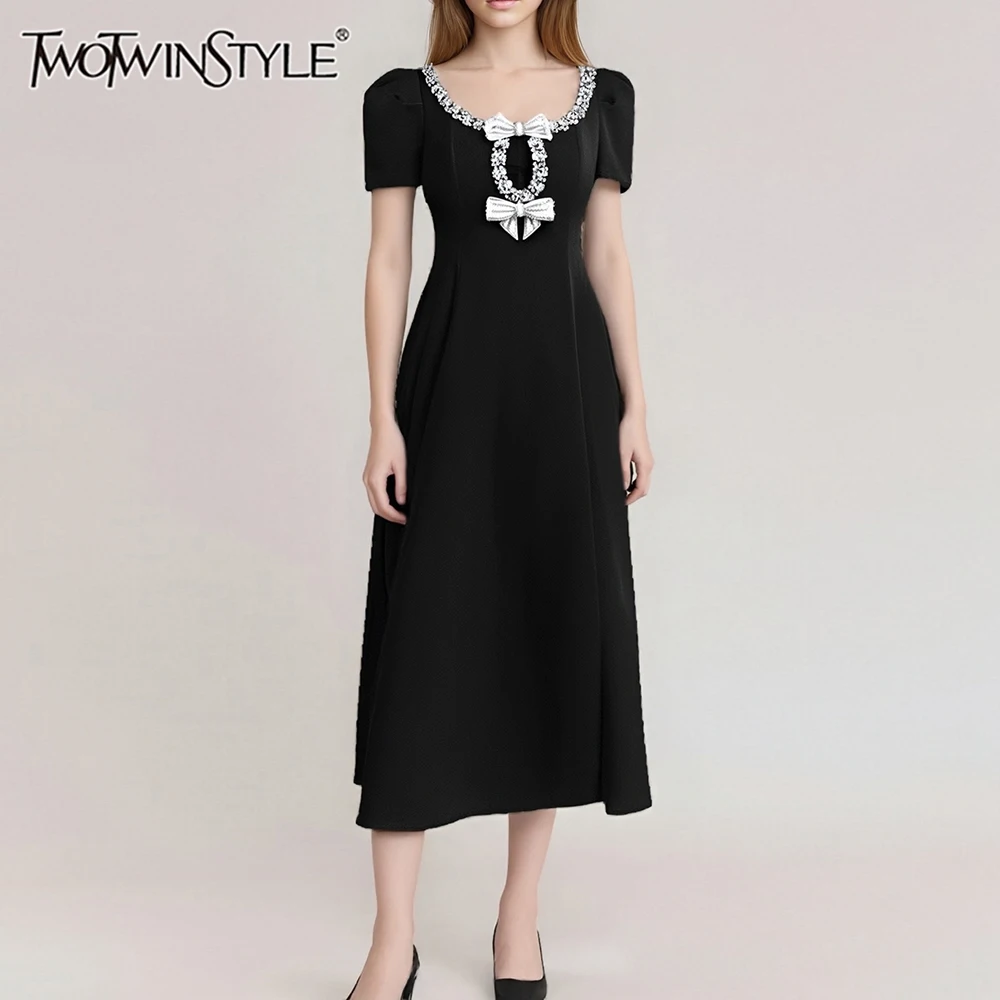 

TWOTWINSTYLE Solid Slimming Spliced Bowknot Elegant Dresses for Women Round Neck Short Sleeves Patchwork Bead Dress Female New