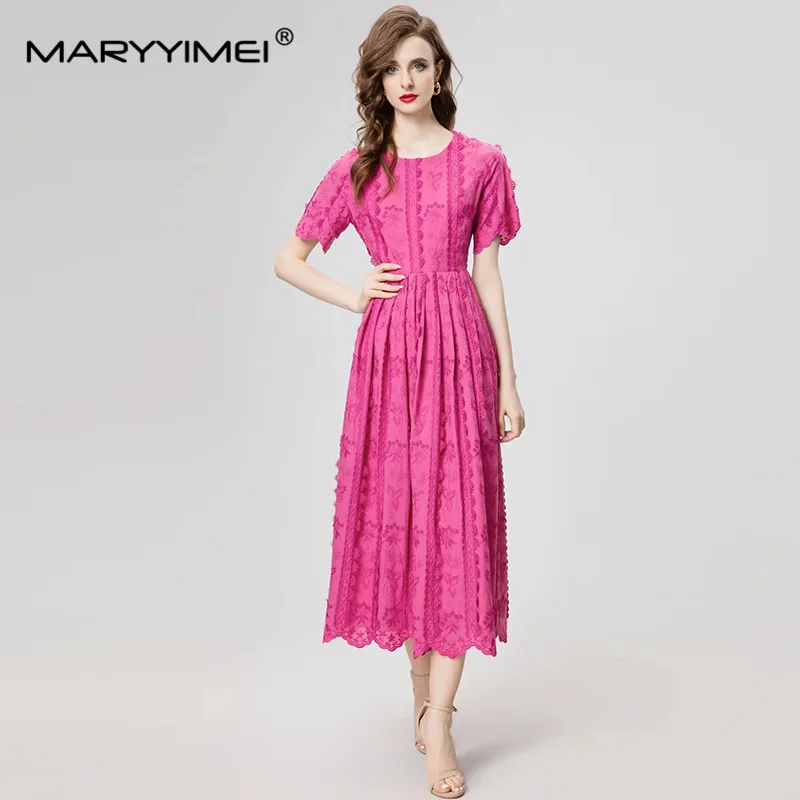 

MARYYIMEI Fashion Design Spring Summer Women's Cotton Short-Sleeved Appliques Lace-UP Folds High Street Elegant Party Dresses