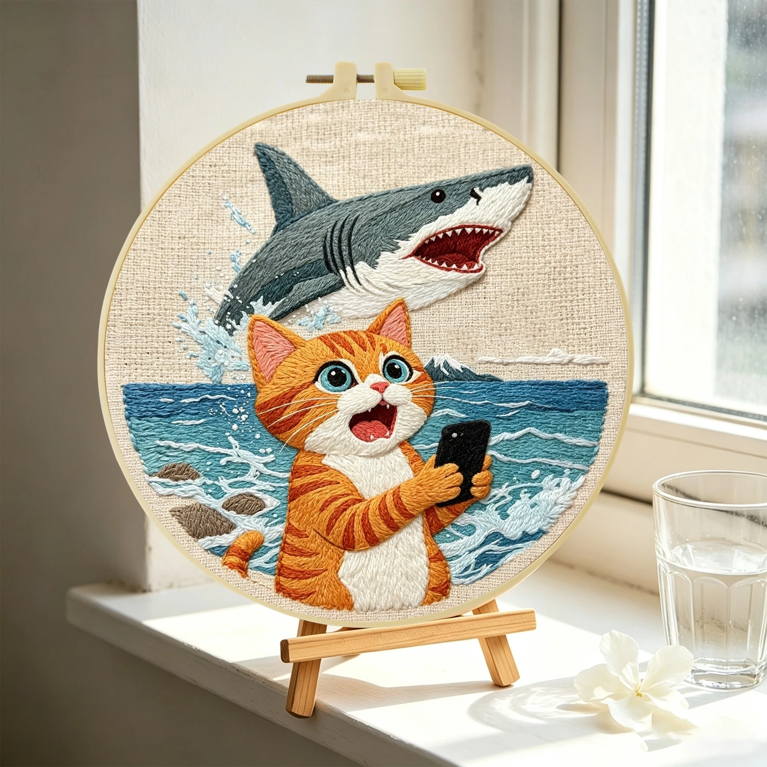 1 Set Katzen-Selfie-Hai DIY-Stickerei-Set für Anfänger, Stickerei-Starter-Kit, Kreuzstich-Kunstgeschenk, Handarbeits-Bastelset – Detail 4