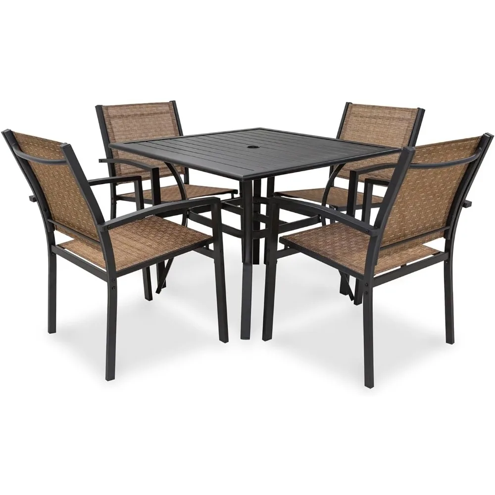 

Обеденный набор для патио из 5 предметов, уличная мебель, 4 текстильных стула и 1 квадратный металлический решетчатый стол размером 38 x 38 дюймов с отверстием для зонта 1,5 дюйма, O