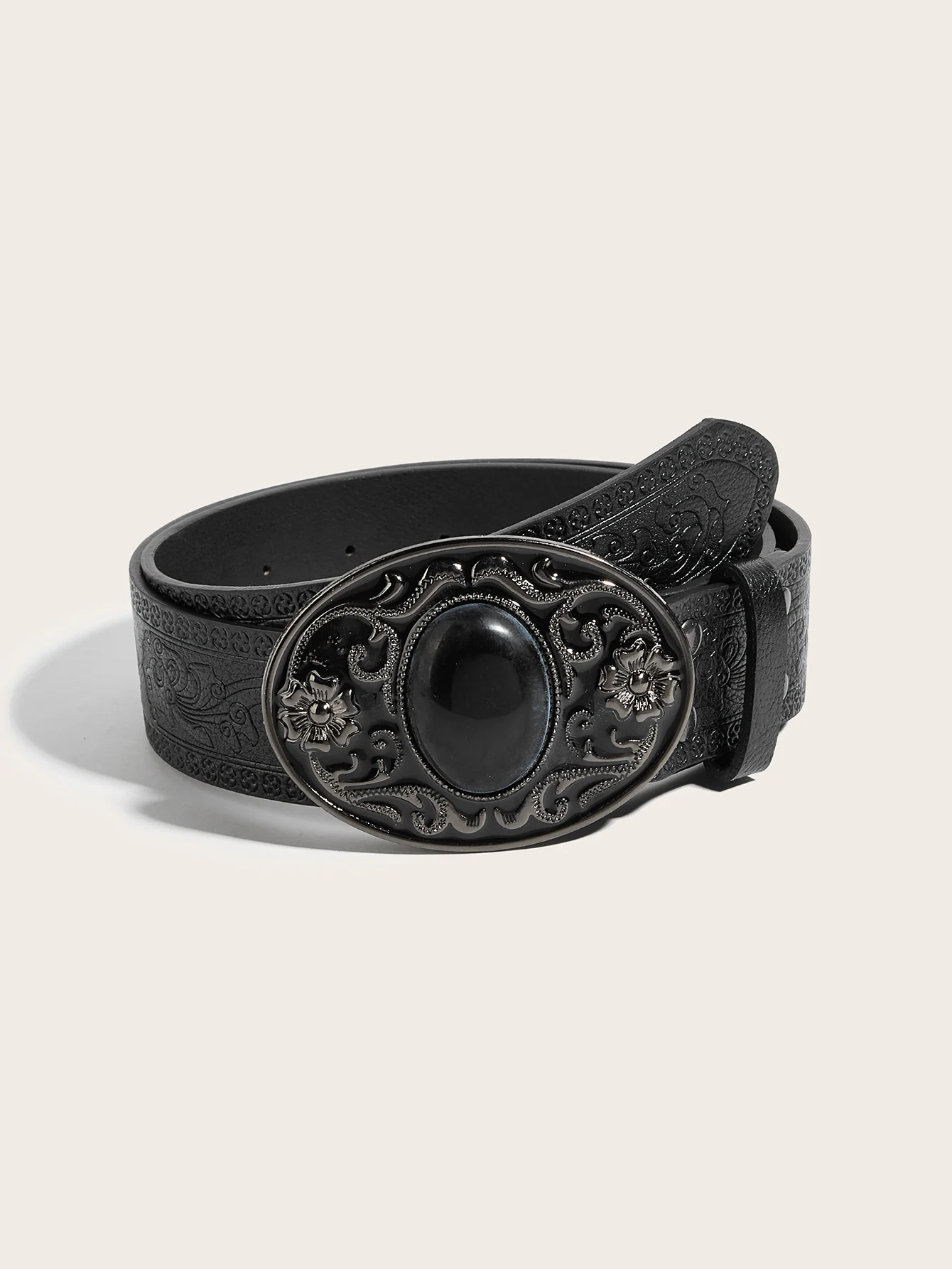 Black western chunky y2k belt w/ embossed & dark oval buckle. For jeans & parties. Cinturón, correas.
