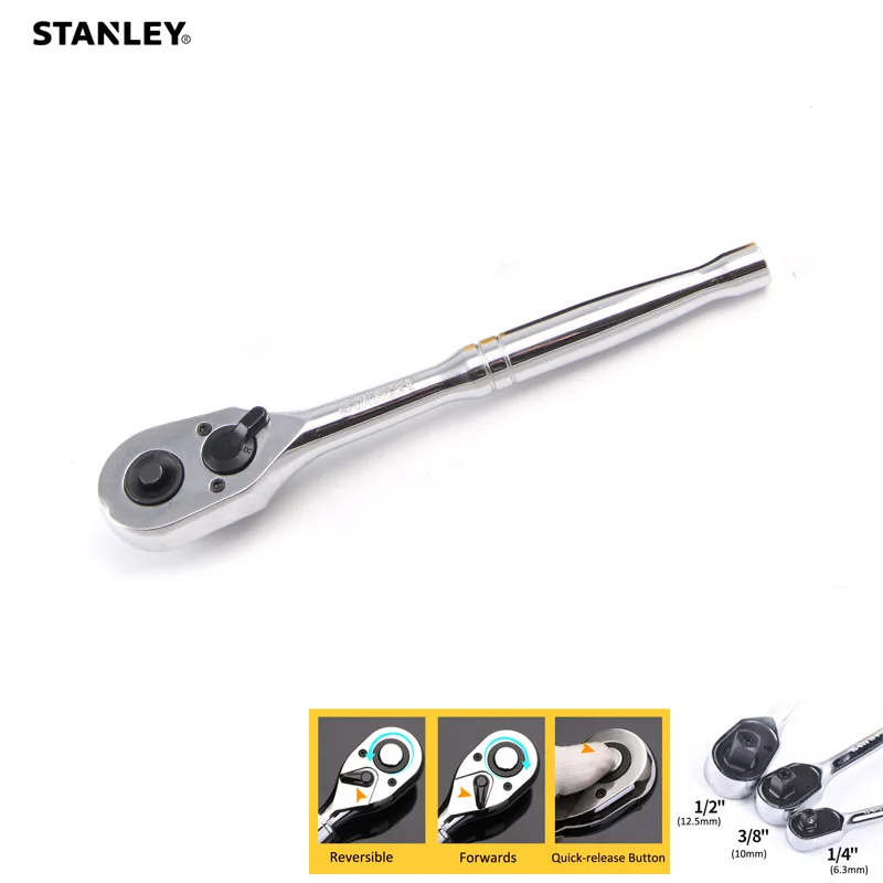 Stanley 1-Piece 6.35mm 12.5mm 10mm Ratchet Wrench Spanner Mechanical Hand Tools Swivel Ratchet Screwdriver 1/4 3/8 1/2 drive