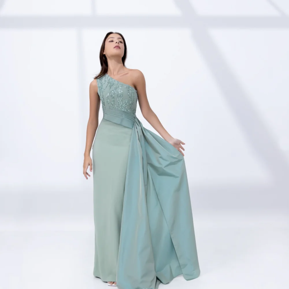 

Customized Straight Prom Dresses Floor-Length One-Shoulder Sleeveless Evening Dresses Simple Fashion Sequined Pleat Draped